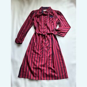 80s Schrader Sport Red and Blue Striped Long Sleeve Dress with Matching Belt